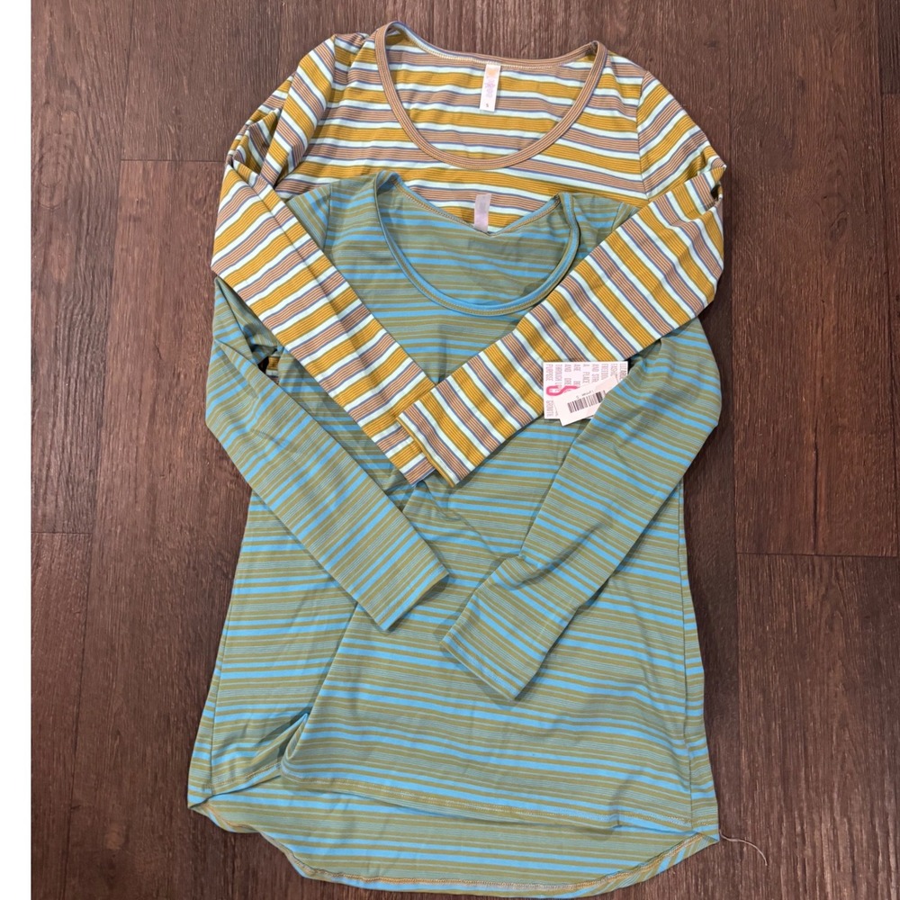 LuLaRoe Lynnae Striped Long Sleeve Top Set of 2 Mustard Teal Size Small NWT NWOT